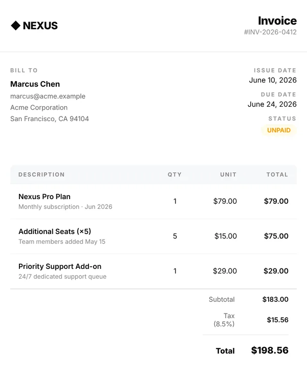 Preview of the invoice email