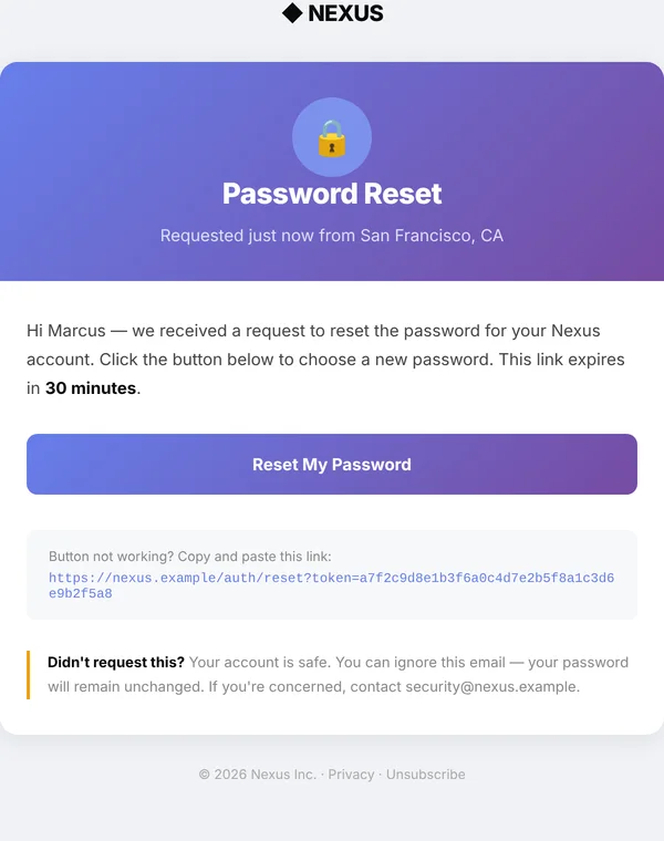 Preview of the password reset email