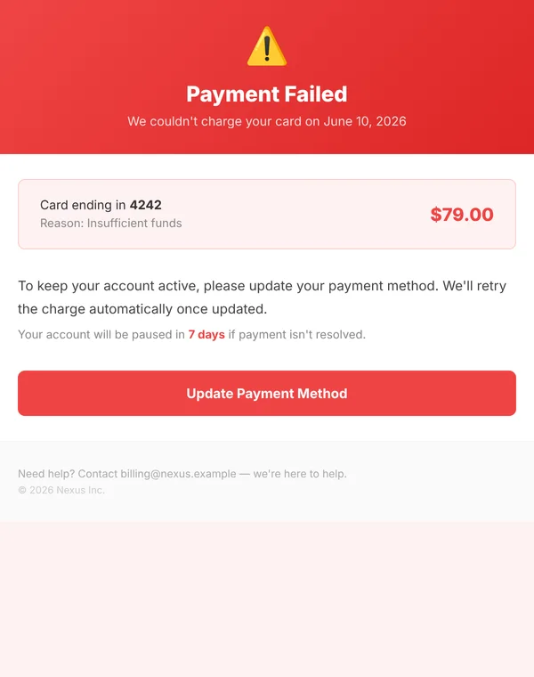 Preview of the payment failed email