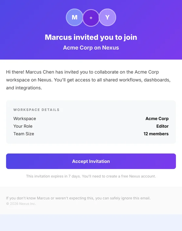 Preview of the team invitation email