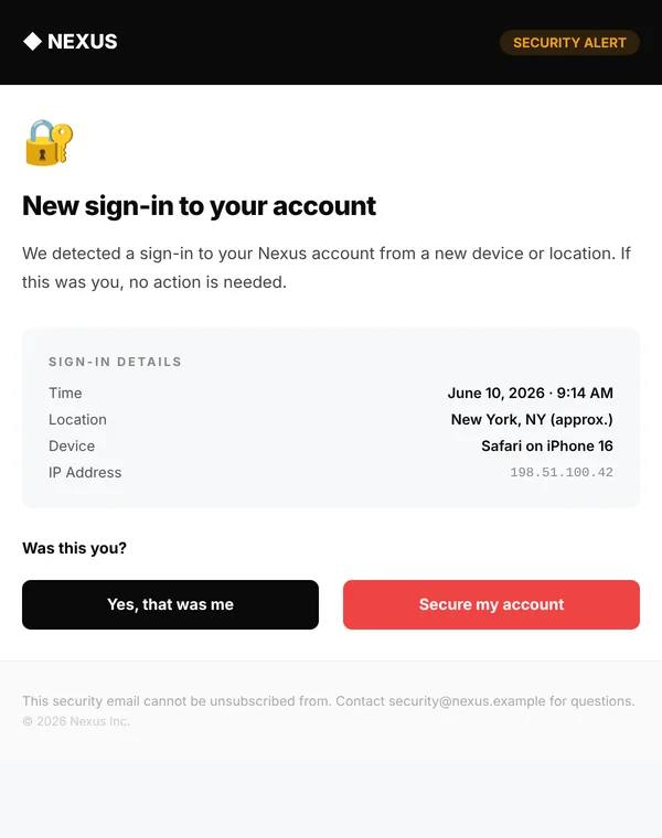 Preview of the security alert email